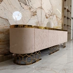 Luxury TV Stand with Textured Upholstered Panels Geometric Stainless Steel Base and Spacious Cabinet Storage
